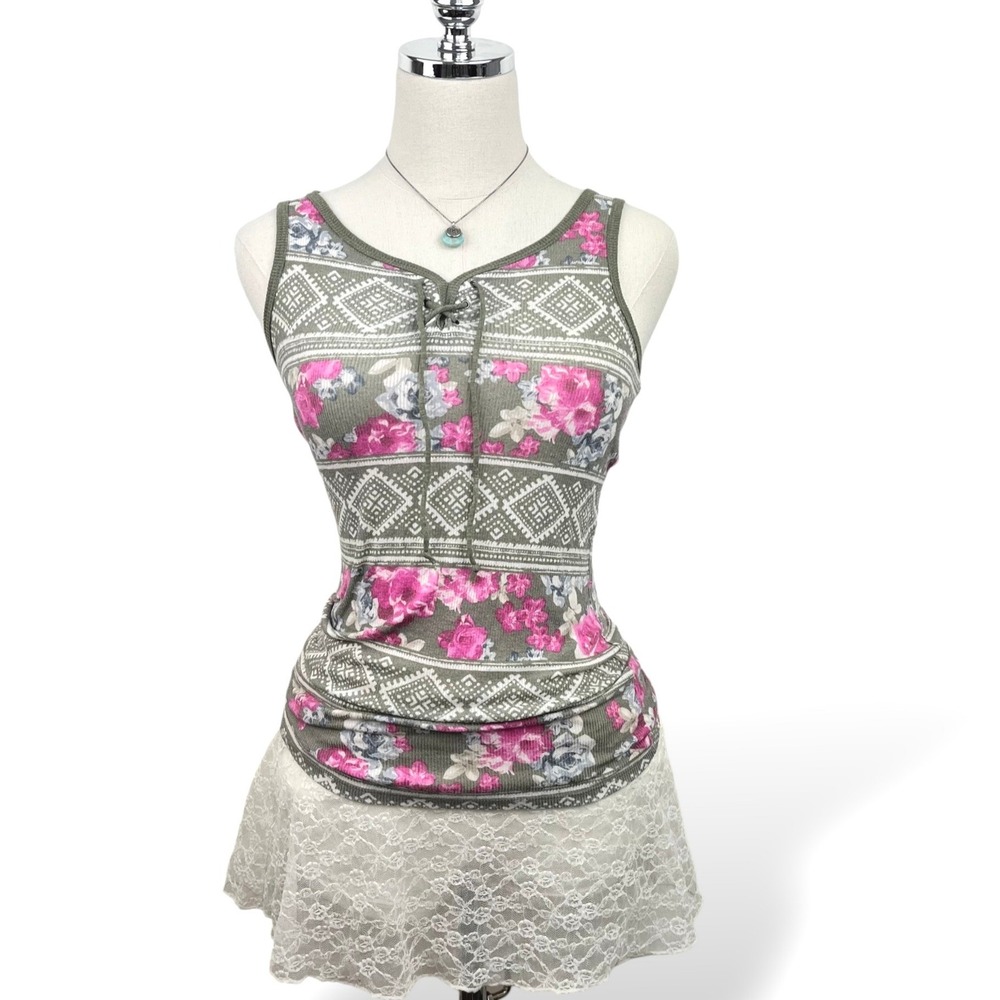 Justice Floral Boho Tank Top Lace Up Sleeveless Stretch XS Womens Pink Green
